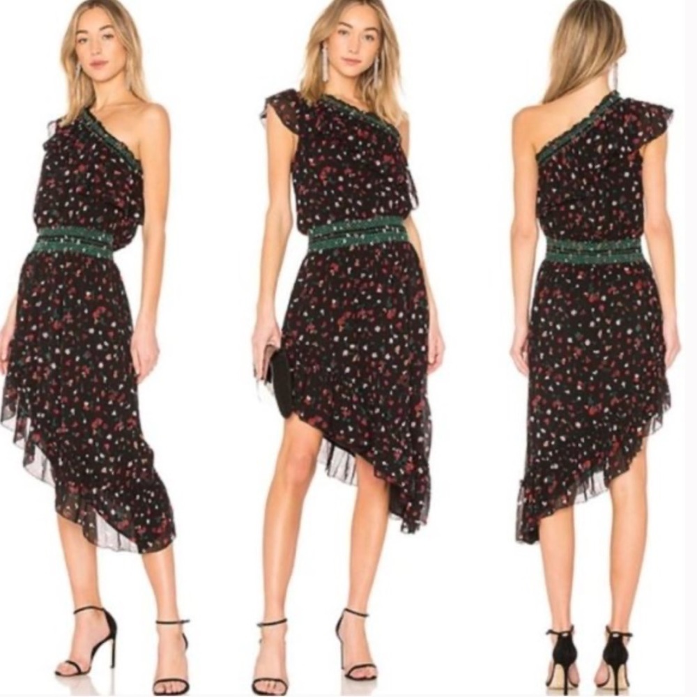 Joie Hafsa One Shoulder Silk Floral Dress Size Small Black Red Pink